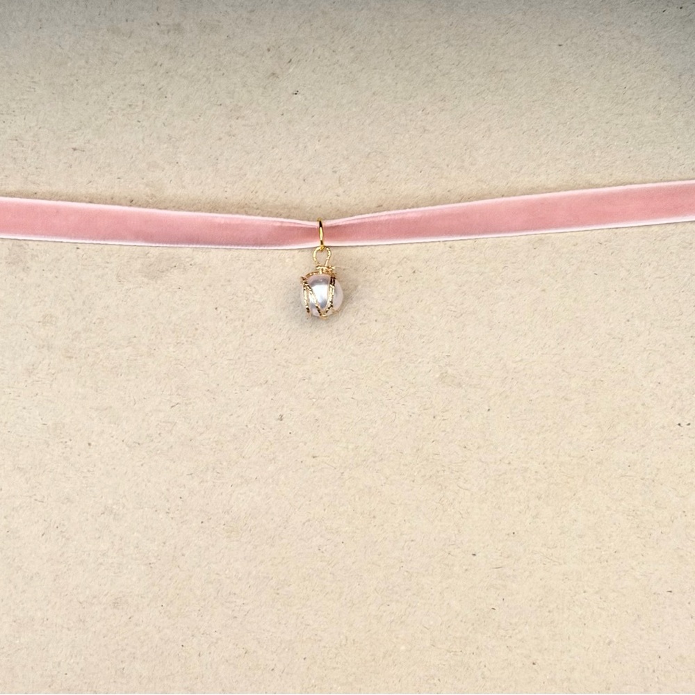 Pink Velvet Choker with Pearl Drop Pendant